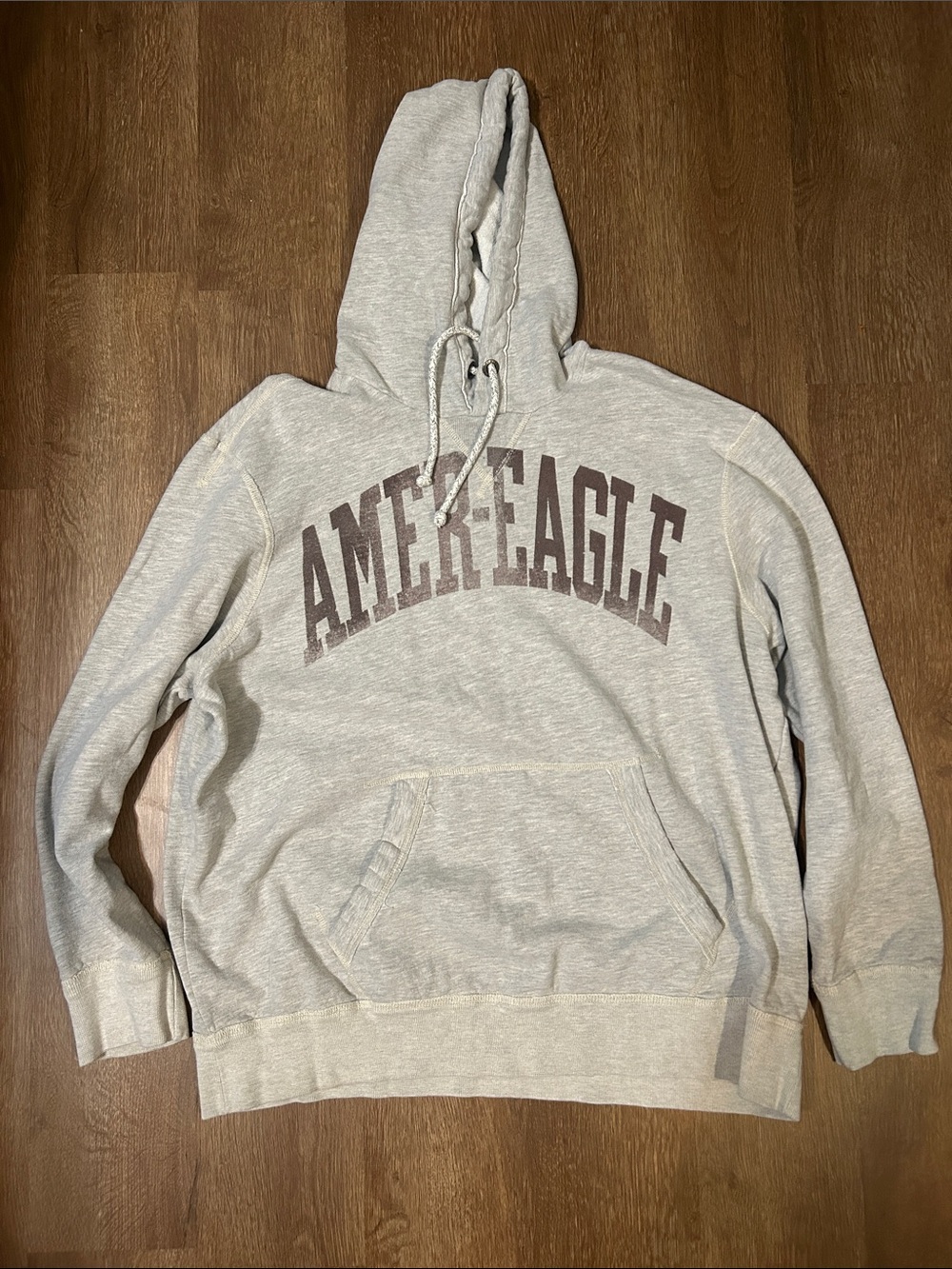American Eagle Outfitters Heather Light Gray Hoodie with Brown Logo